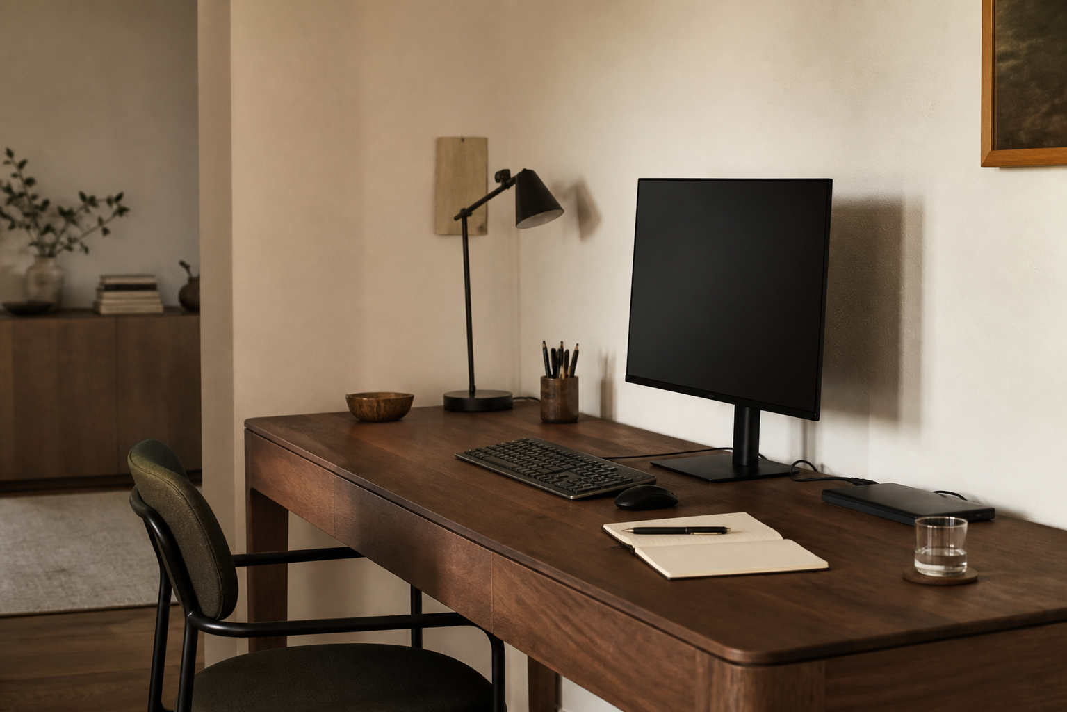 Calm walnut desk arranged with only the tools needed for work